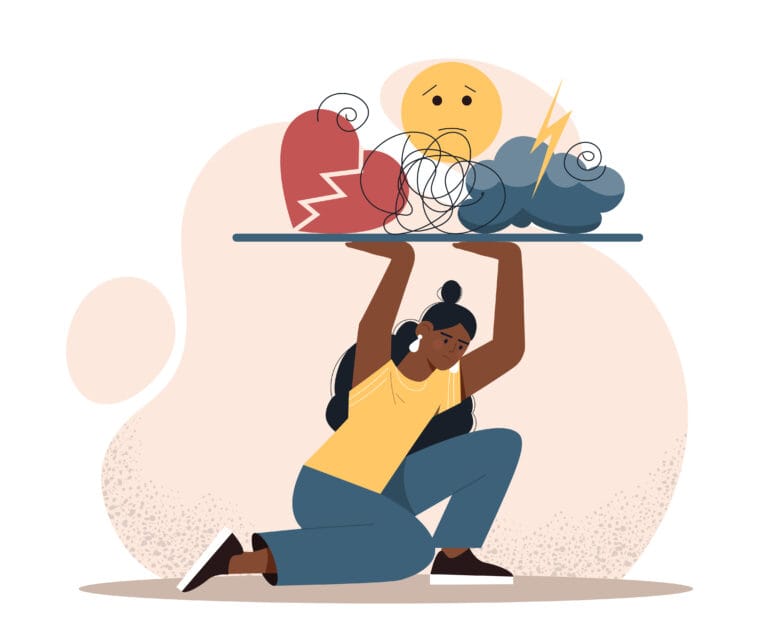 vrouw gebukt onder heftige emoties, illustratie van innerlijke strijd