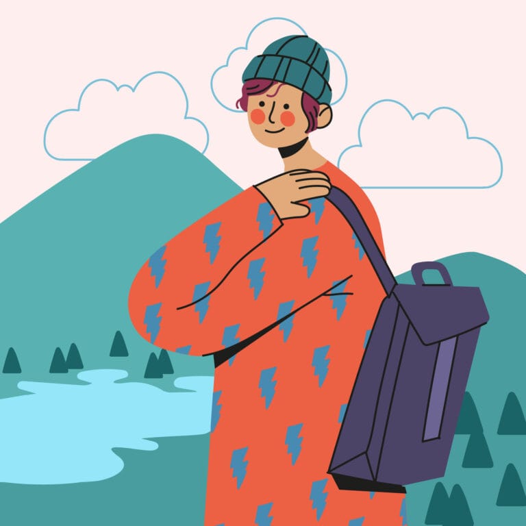 Man met rugtas kijkt achterom terwijl hij het pad opgaat naar een authentiek leven – illustratie Breathfulness