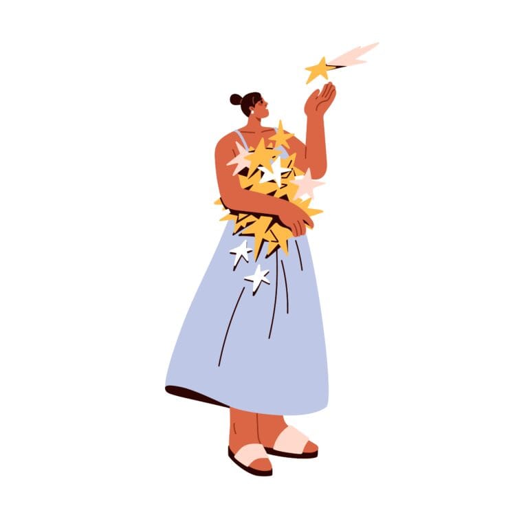 Vrouw houdt stralende sterren vast als symbool voor het volgen van je eigen pad en het realiseren van je dromen