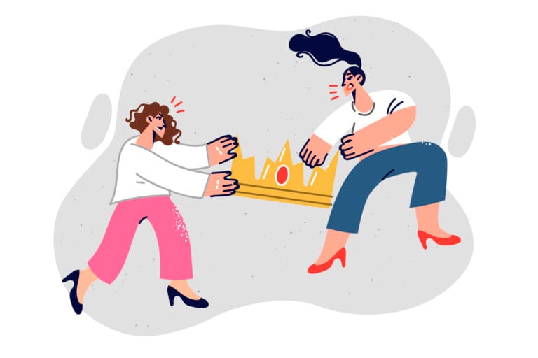 jaloezie en gunnen. Twee vrouwen die trekken aan een kroon als symbool voor jaloezie
